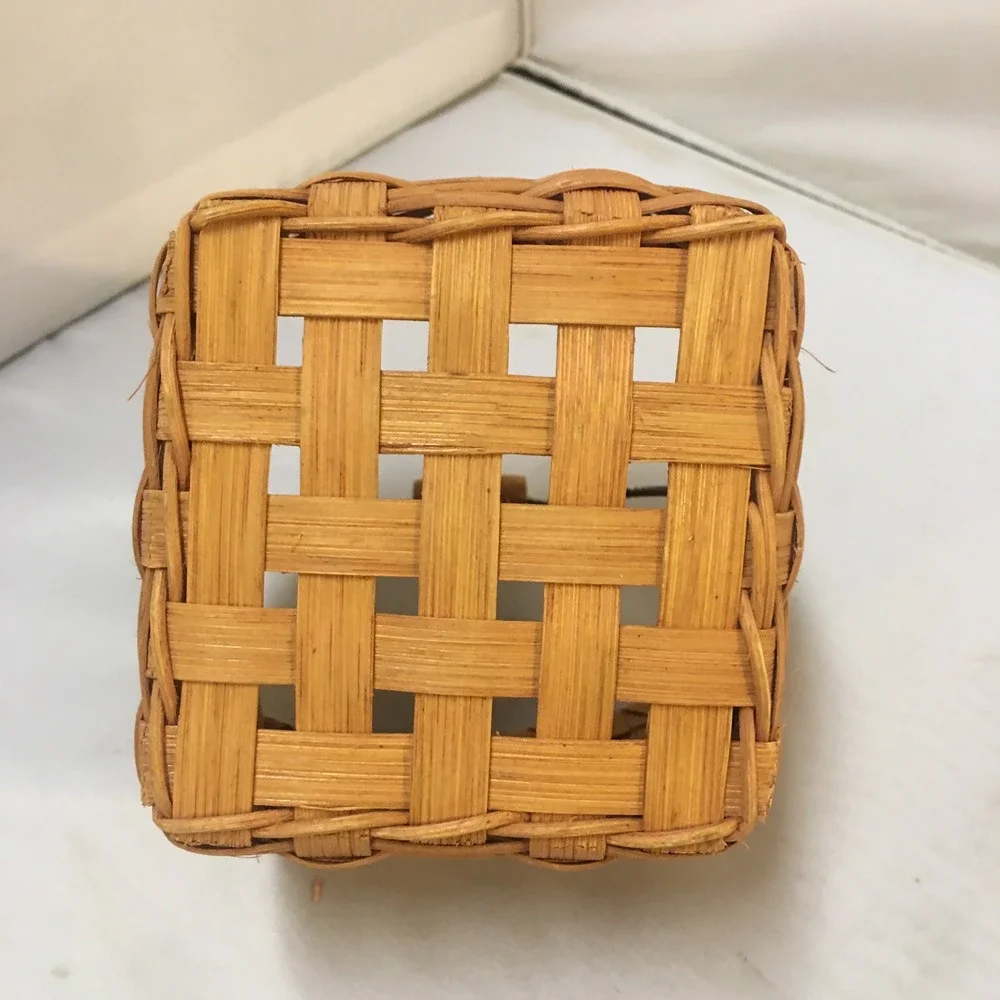 Miniature Woven Splint Basket Small Brown Rustic Wire Handle Decor Storage Boho